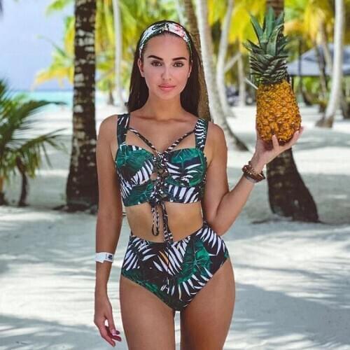 2020 Sexy Leaf Print Bikini Set Women Beach Bathing Suits Swimsuits Hollow Out Padded Push Up Two Pieces Swimwear Beachwear