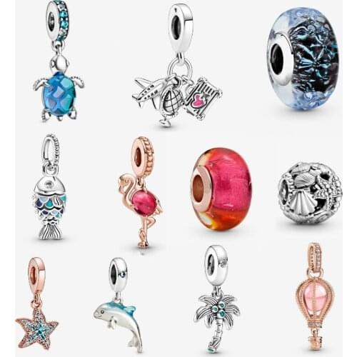 2021 Summer 100% 925 Sterling Silver Beads Sparkling Pink Hot Air Balloon Dangle Charm,Airplane, Globe & Suitcase Dangle Charm