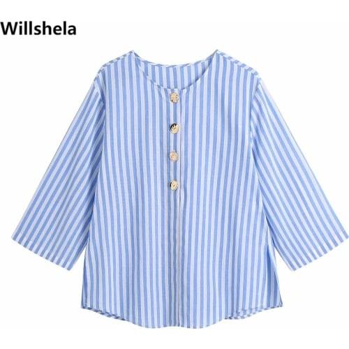 2021 Women Fashion Striped Buttoned Shirts O-neck Three Quarter Sleeve Vintage Female Blouse Chic Lady Tops Woman haut femme