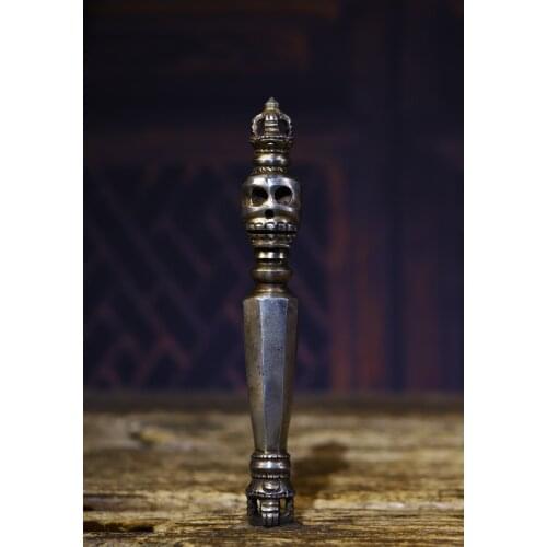 6" Tibet Buddhism Old Tiantie Engraved Skeleton head Dharma Dorje Vajra Phurpa Town House Exorcism Ward off evil spirits