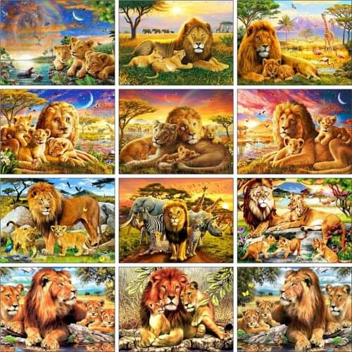 Huacan 5D Diamond Painting Full Square Mosaic Lion family sunset Diamond Embroidery Beads Sets Animal Needlework