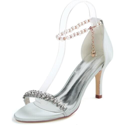 Satin Evening Dress Sandals Strappy Thong Shoes w/ Pearls Ankle Strap Crystal Bridal Wedding Party Prom Stelitto High Heels Thin