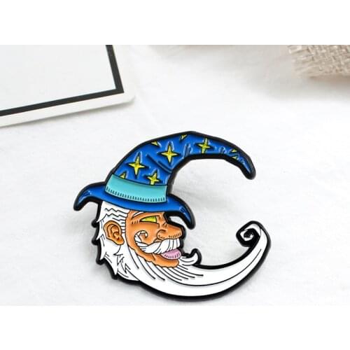 Blue Moon Shape Old Man Brooch Witch Magic Hat Star Beard Moon Curved Santa Claus Enamel Pin Backpack Coat Badge Child Gifts