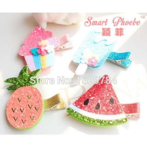 Boutique 20pcs Fashion Cute Glitter Cup Cake Fruits Hairpins Solid Kawaii Pineapple Watermelon Hair Clips Hair Accessories