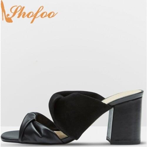 Black Butterfly-Knot High Chunky Heels Sandals Woman Slip On Large Size 11 16 Soft Leather For Ladies Summer Shoes Mature Dress