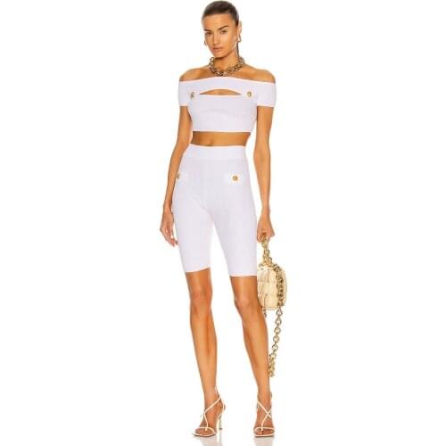 DEIVE TEGER 2021 Summer Women Sexy Off Shoulder Hollow Out Short Sleeve Two Piece Pants Sets Bandage Crop Top Midi Pants Suit