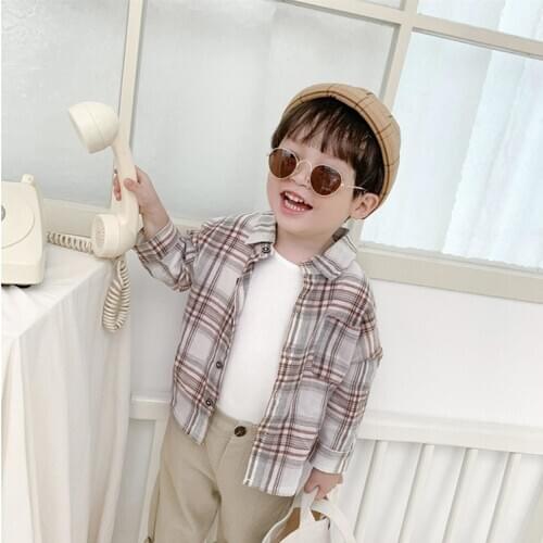 Childrens Shirts 2021 Spring and Autumn New Korean Style Boys Plaid Lapel Shirt Girls Long Sleeve Shirt Thin Long Sleeve Blouse