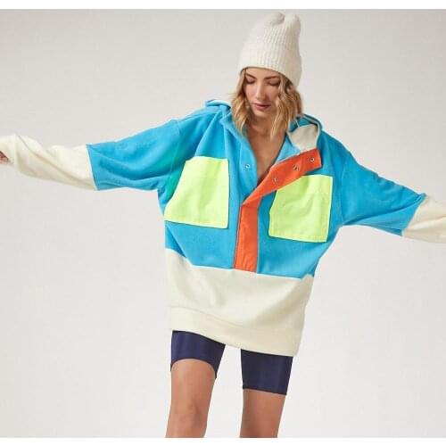 Womens Blue Oversize Fleece Sweatshirt 2021 Female Fashion Block Color Soft Textured Large Warm Pocket Pocket Snap Fastener