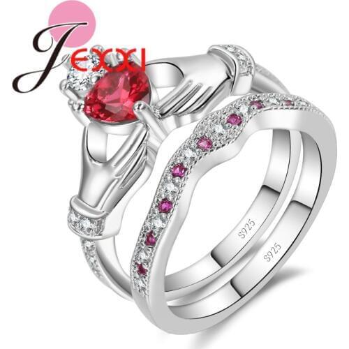 Trendy Hand Heart Red & White Crystal Design 925 Sterling Silver Ring Set for Women Thanksgiving Engagement Jewelry