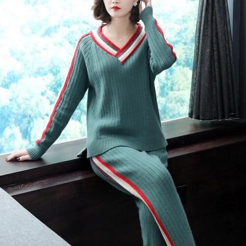 Autumn Winter Women sweater suit and sets Casual Knitted Sweaters Pants 2PCS Adult Casual Knitted Trousers+V-neck Tops Clothing