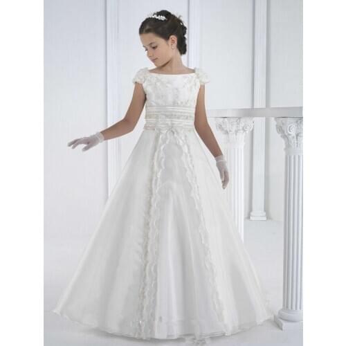 Cute Flower Girl Dresses For Weddings A-line Scoop Cap Sleeves Tulle Beaded Long First Communion Dresses For Little Girls