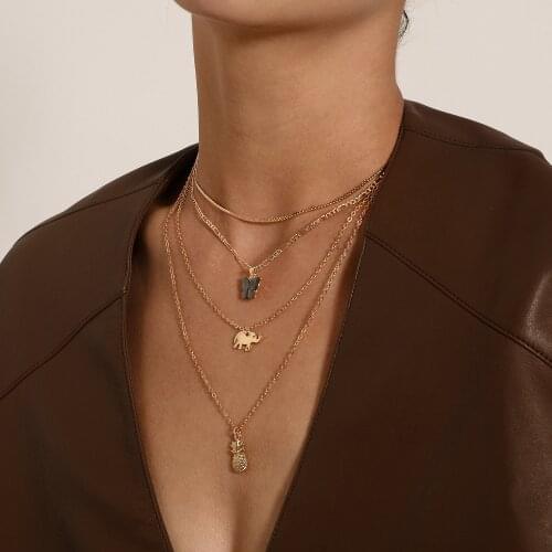 Fashion 4 Pcs/Set Vintage Crystal Elephant Butterfly Pineapple Pendant Multilayer Gold Necklace Punk Lady Jewelry Gifts