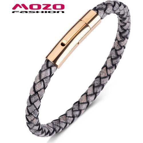 Fashion Bangle Men Retro Leather Bracelet Stainless Steel Gold Snap Button Bsngles Casual Women Jewelry PS1065