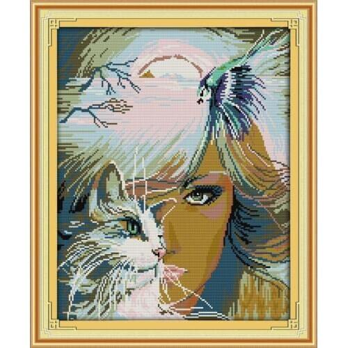 Girl and cat (2) cross stitch kit people 18ct 14ct 11ct count print canvas stitches embroidery DIY handmade needlework