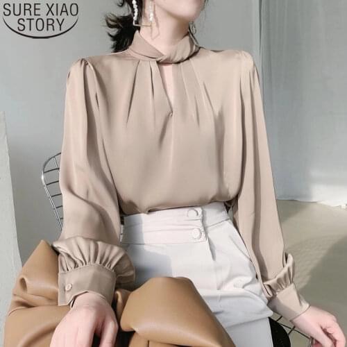 2021 Autumn New Elegant Fashion Acetate Satin Blouses Women Tops Office Lady Long Lantern Sleeve Shirt Blusa Mujer Clothes 16877