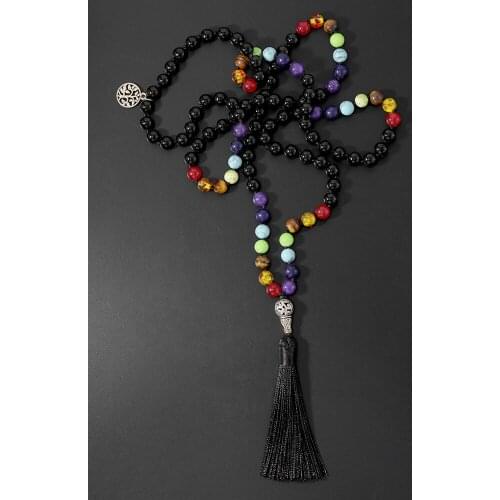 OAIITE 7 Chakra Natural Stone Hand Knotted Necklace Black Onyx Beads Mala Necklaces Yoga Spiritual Jewelry with Tree of Life