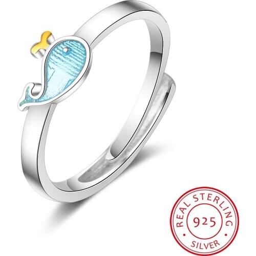 Original Exquisite Popular Beautiful Fashion 925 Sterling Silver Jewelry Blue Whale Dolphin Crystal Opening Rings