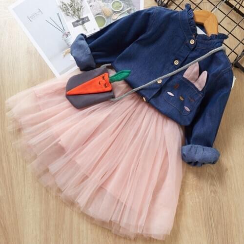 Girls Dress Skirt+Denim Jacket Top With Bag 3 Pcs Set Outfit Girls Clothes Spring Children Clothing Fashion Dress Up Set