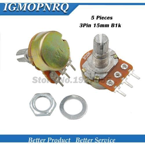 5PCS WH148 Potentiometer 3PIN 15mm b1k 1k ohm Shaft With Nuts And Washers