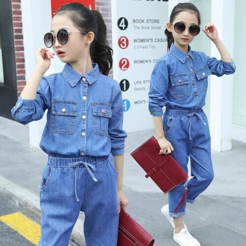 Casual Girls Clothes Autumn Spring Denim Blue Tops Denim Long Pants Kids Outfits Set Children Clothes 4 5 6 7 8 9 10 12 Years