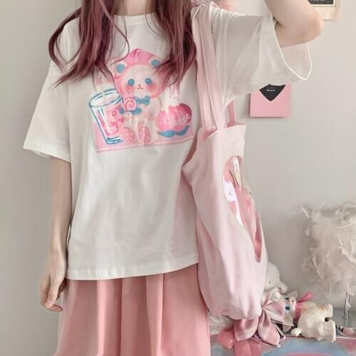 Bear print Cartoon cute anime kawaii pink Sweet girl Japan streetwear Harajuku casual top vintage loose Summer women T-shirt top