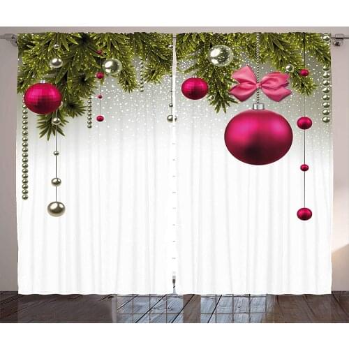 Christmas Curtains Vivid Fir Twigs and Magenta Balls Framework Special Day Preparation Living Room Bedroom Window Decor Panel