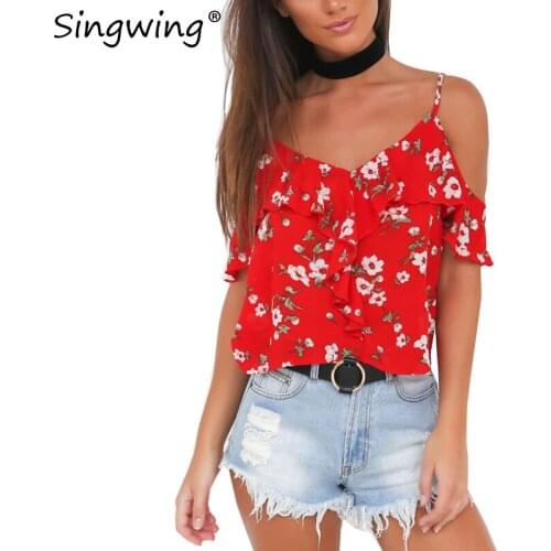 Singwing Women Chiffon Beach Tanks Camis Female sexy backless Camis beach Ruffles Printed Floral Camis Top