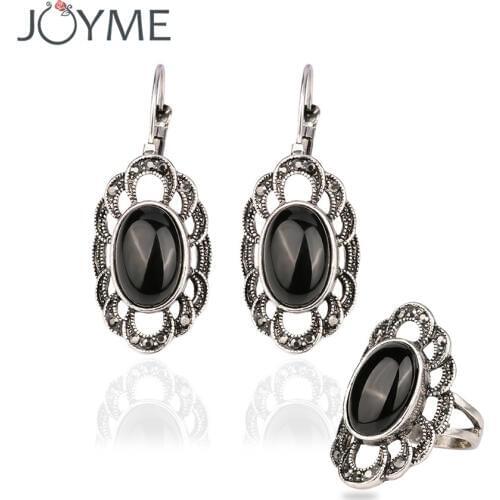 Turkish Jewelry Retro Thai Silver-Color Flower Pierced Earring Set Black CZ Stones Resin For Women Ring Set