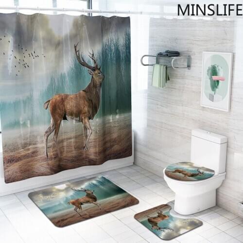 Elk Dolphins Pattern Bathroom Curtain Set Waterproof Fabric 3D Shower Curtains Carpet Set Toilet Mat with 12 Hook Home Decor