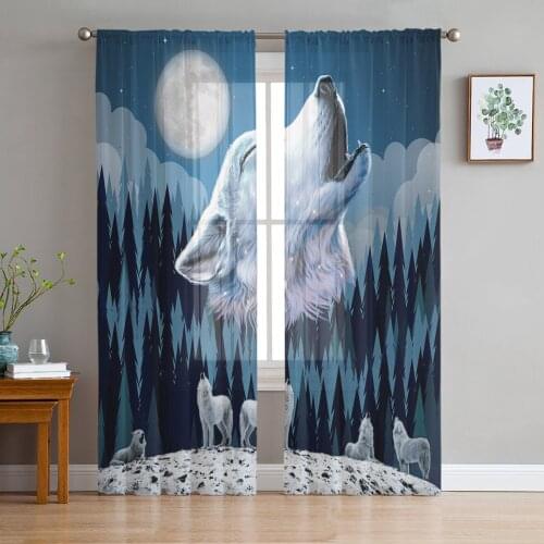 Timber Wolves Howling Moon Screens Voile Tulle Sheer Curtains for Bedroom Living Room Kitchen Decor Chiffon Windows Curtain