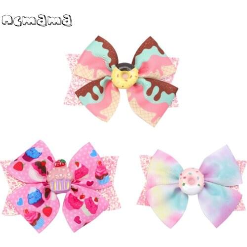 Ncmama 4'' Kids Hairpin Gradient Color Bow Cake Hair Clip Donut Hairgrips Girls Party Hair Accessories Birthday Gifts