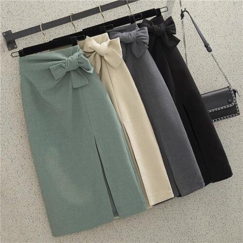 2021 Spring Summer Slit Black Green Side Tie Office Skirts Women Elegant Midi Pencil Skirt High Waist for Casual Work Wear Y402