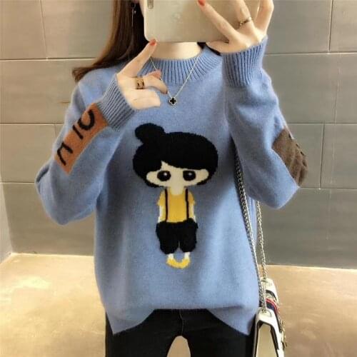 Women 2019 Autumn Knitted Black Pullover Tops Girl Printed Casual Long Sleeve Ladies Warm Jumper O-Neck Female Sweater