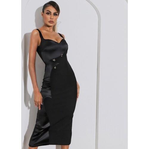 2021 Summer Women Black Sexy Spaghetti Strap Shealth Mid Bandage Dresses Femme Elegant Slim Pencil Party Dress Vestidos