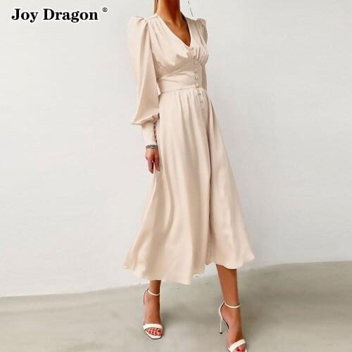 Women Lantern Sleeve Vintage Dress 2021 Autumn Slim Solid Color Bodycon Clubwear Party Casual V Neck Waist Dresses A Line Skirt