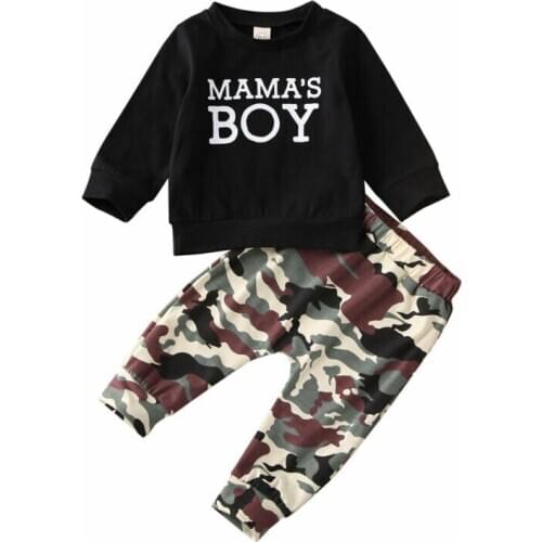 2PCS/Set Toddler Kid Baby Boys Outfits Letter Print Pullover T-shirt Tops+Camo Long Pants Tracksuit Suit