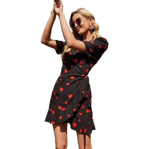 2021 Summer New Womens Love Printed Wrapped Chest V-neck Short Sleeve Loose A-line Dress