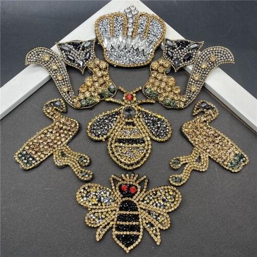 3D handmade rhinestone round beaded nail beads bee, fox, crane, crown sew crystal patches beaded applique on clothes cute clothi