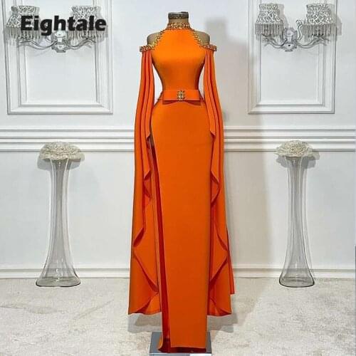 Eightale Arabic Evening Dress Memaid High Neck Beaded Rhinestones Cap Sleeves Elastic Satin Orange Prom Gown Celebrity Dress