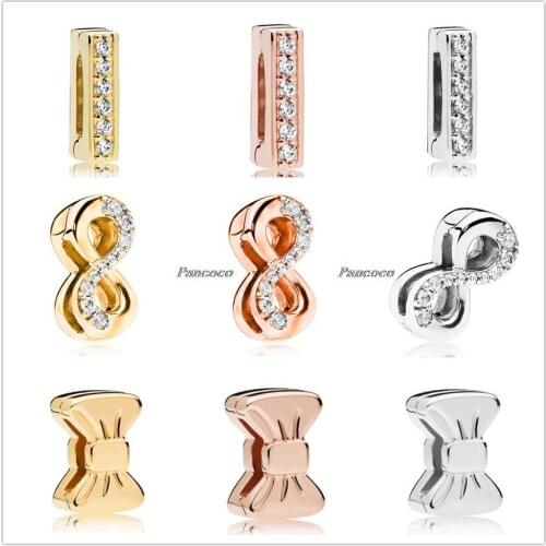 Authentic 925 Sterling Silver Rose Gold Reflexions Timeless Sparkle Clip Charm Fit Pandora Women Bracelet & Necklace Jewelry