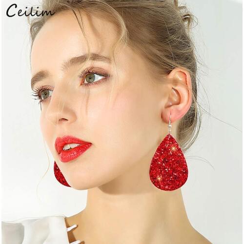 Bohemian Glitter Leather Earrings for Women Fashion Red Teardrop Dangle Earring 2020 Trendy Colorful Eardrop Designer Jewelry