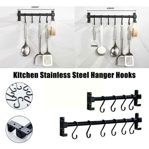 Black Kitchen Shelf Hook Rack Hanging Rod Hanger Shelving Spatula Kitchenware Storage Mount Hardware Pot Bathroom Wall Pend V4D0