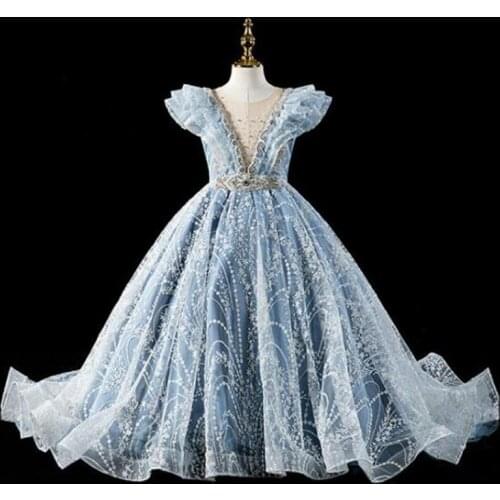 High-End Children Sequined Beading Trailing Evening Gown Wedding Birthday Party Princess Kids Piano Host Dresses For Girl L1098