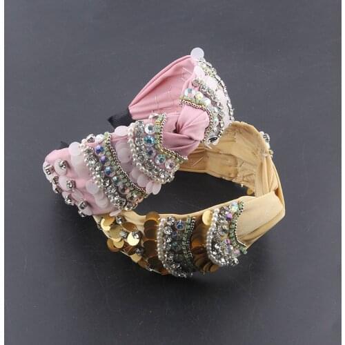 European and American new style fabric hair accessories fashion knotted rhinestone pearl sequin headband women 925