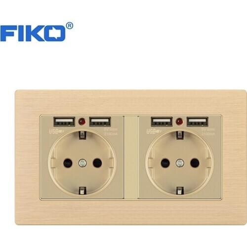FIKO Double 16A EU family wall power socket with dual USB ,Gold Aluminium Alloy Panel EU standard, ,146*86mm 4USB