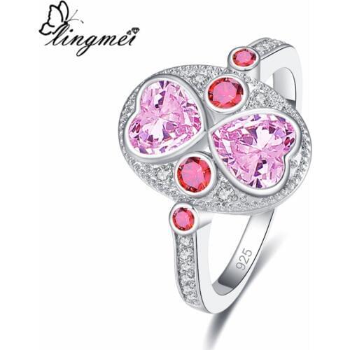 Lingmei Gorgeous Double Heart Unique Fashion PinkWhiteYellowRed Zircon Silver Color Ring Size 6-9 Wedding Band