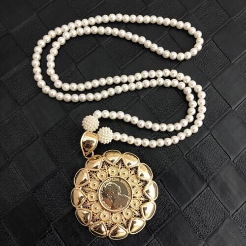 Moroccan Fashion Large Gold Pendent Pearls Necklace for Bridal Long Chain Necklace Party Custom Caftan Pearl Jewelry
