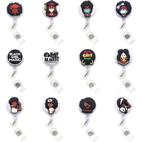 Fashion Black Girls Retractable Badge Reel Student Nurse Horizontal type Exhibition ID Name Card Badge Holder Office Supplies