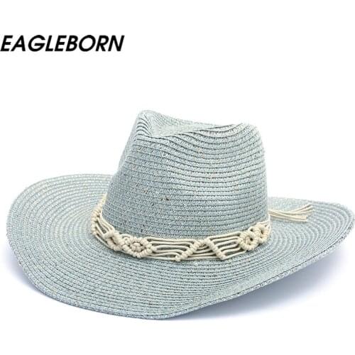 Men Hat Cowboy Jazz Western Cowgirl Summer Cowboy Hats Retro Hand Knitted Belt Shepherd Hats Retro Women Sun Hat Farm Work Hat