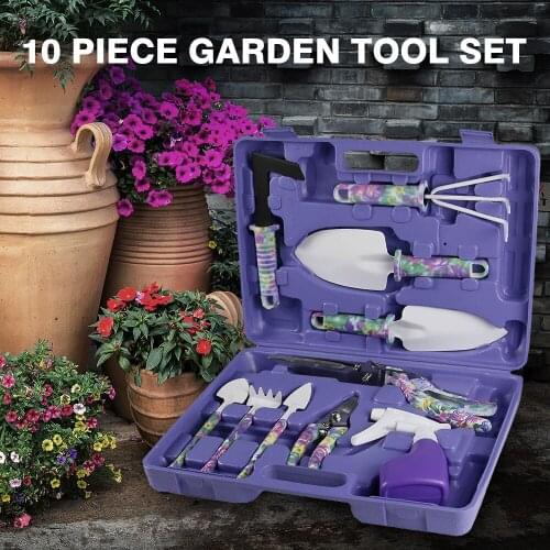 10 Piece Garden Tools Set Flower Print Gardening Tools with Trowel Transplanter Rake Weeder Pruner Shears Sprayer Carrying Case